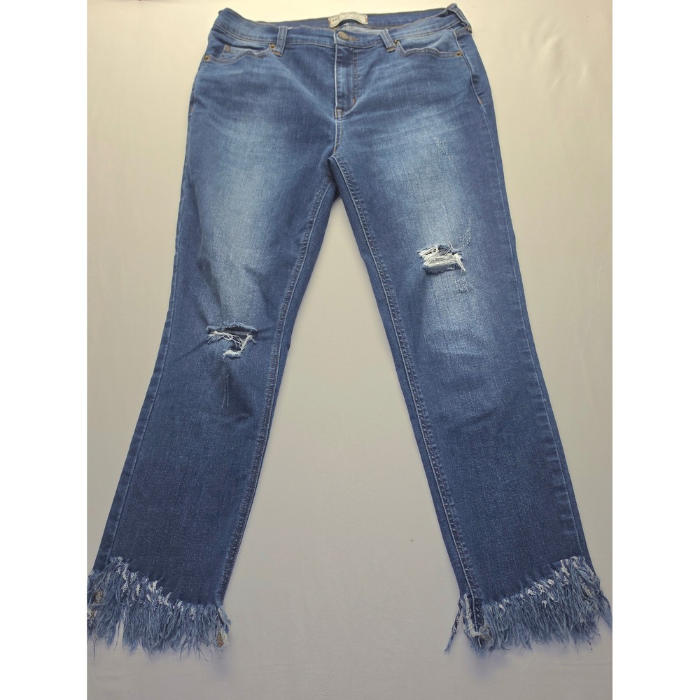 Free People Distressed Straight Leg Jeans Blue Fringed Hem Size 30